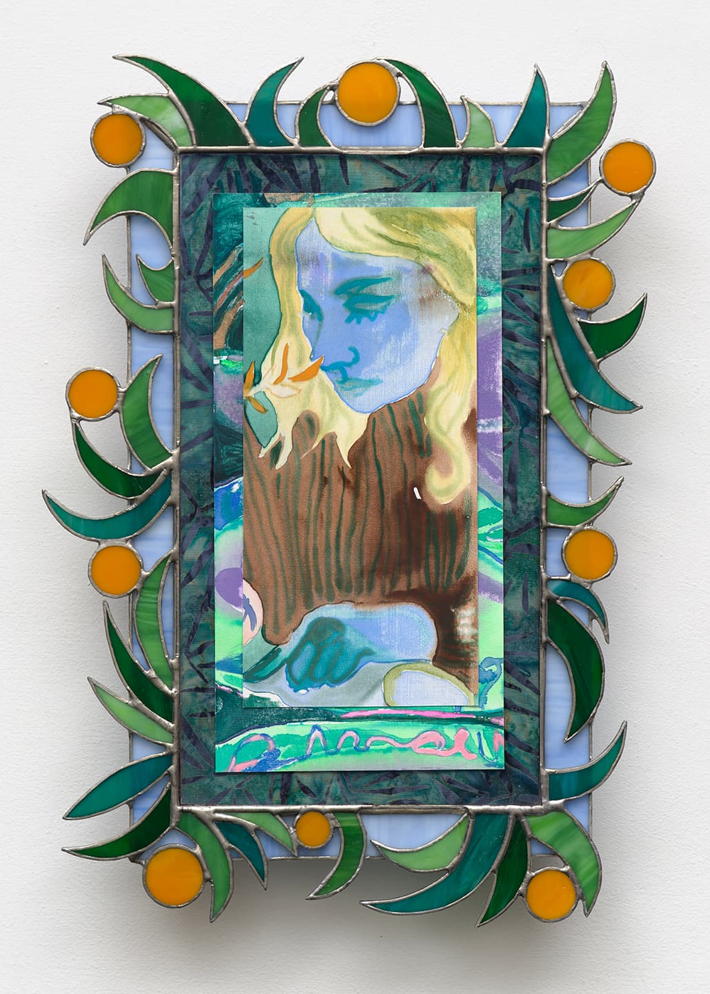 Afternoon Break, Hold Your Hobbyhorse, 2021, 
Silkscreen monotype on Legion Stonehenge 245gsm, batik fabric and stained glass, 43.1x30.1x1.1cm