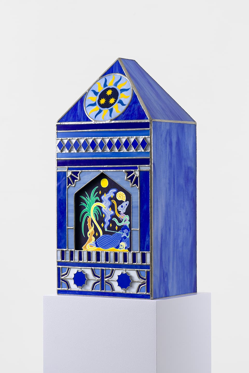 The Shelters(Snake), 2025, Silkscreen monotype on Legion Stonehenge 245gsm, 
glass painting and stained glass, 43.3x20.5x16.7cm