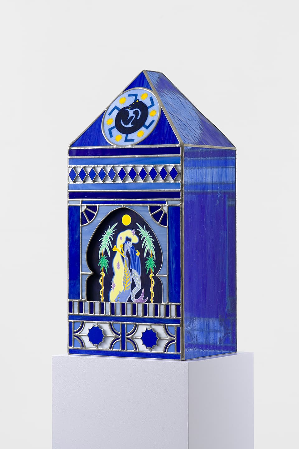 The Shelters(Lion), 2025, Silkscreen monotype on Legion Stonehenge 245gsm, 
glass painting and stained glass, 43.3x20.6x16.6cm