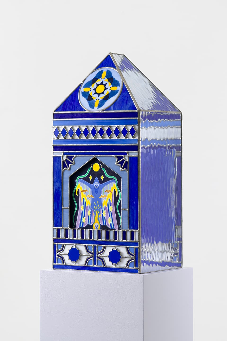 The Shelters(Bat), 2025, Silkscreen monotype on Legion Stonehenge 245gsm, 
glass painting and stained glass, 43.3x20.5x16.6cm