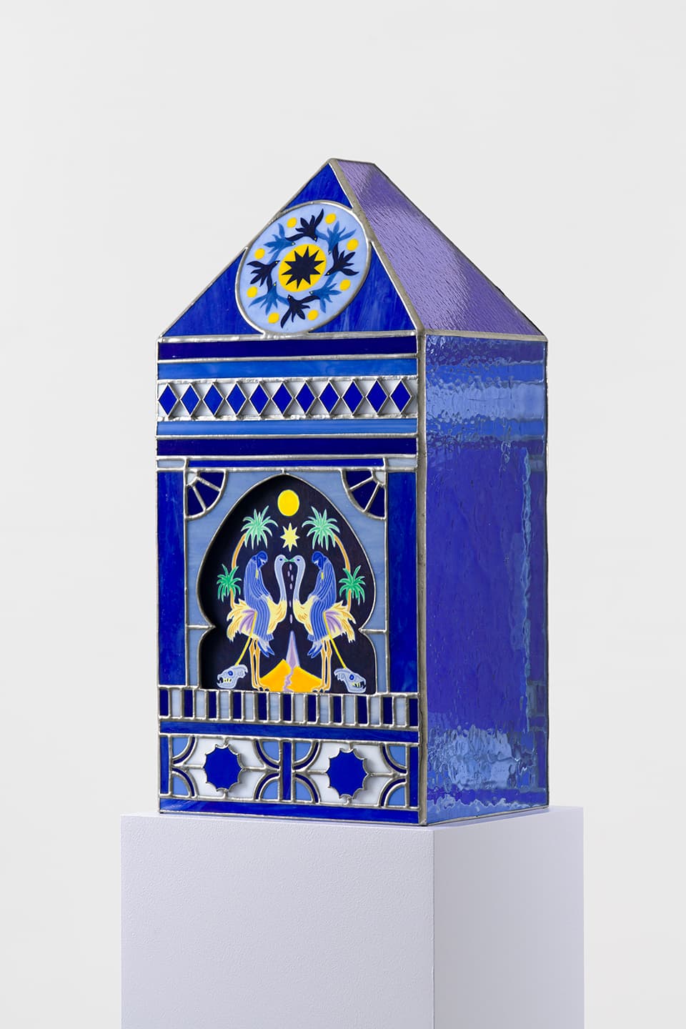 The Shelters(Bird), 2025,Silkscreen monotype on Legion Stonehenge 245gsm, 
glass painting and stained glass, 43.3x20.6x16.9cm