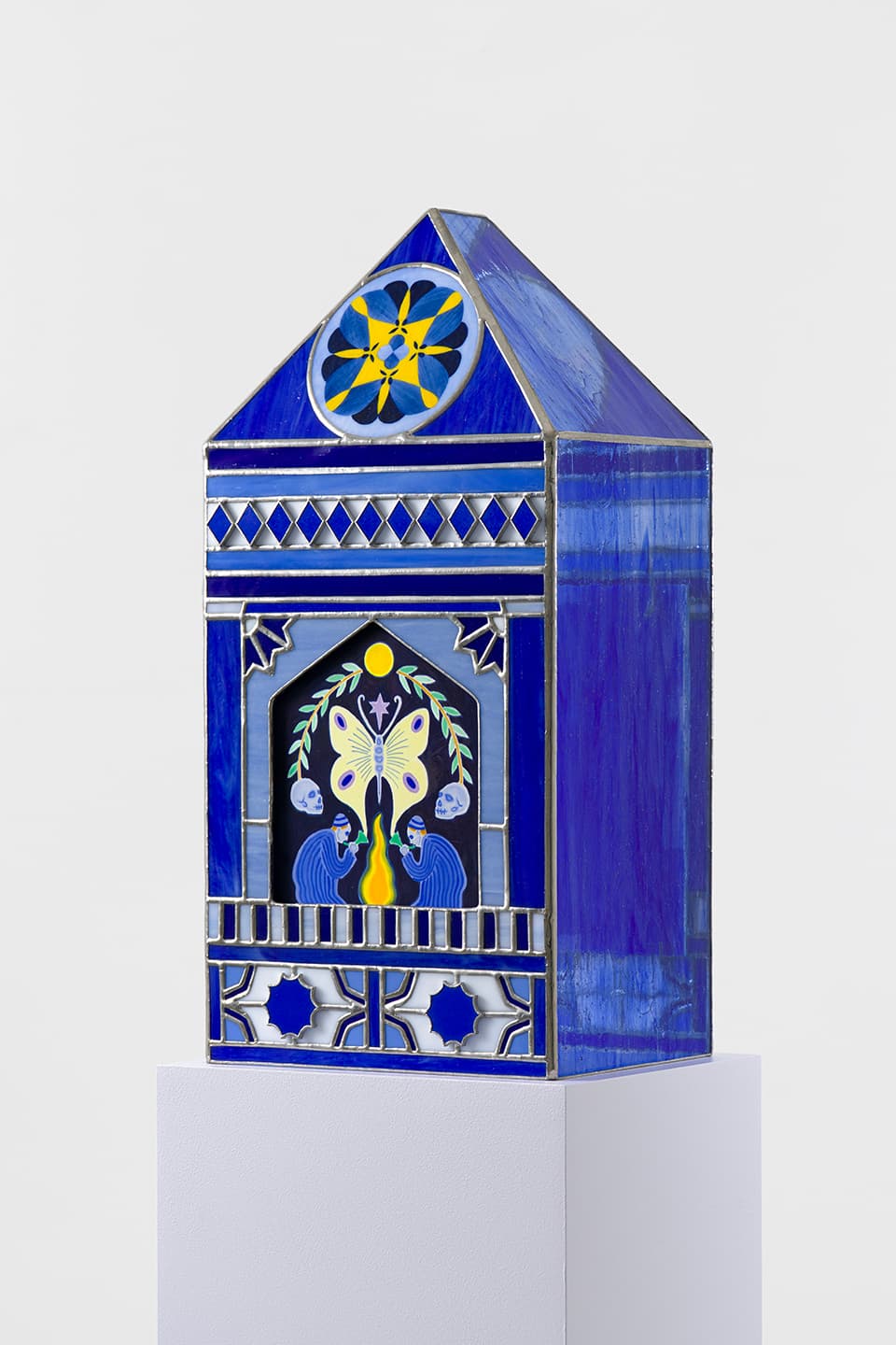 The Shelters(Butterfly), 2025,Silkscreen monotype on Legion Stonehenge 245gsm, 
glass painting and stained glass, 43.3x20.6x16.6cm