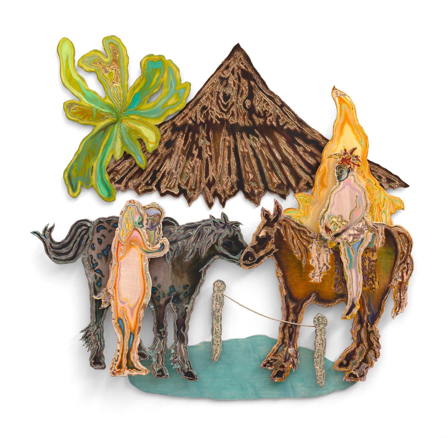 You Cannot Know the Mind of Horses, 2018, 
Ink, silkscreen, woodburning, woodcut and oil paint on Birchwood,185x192cm