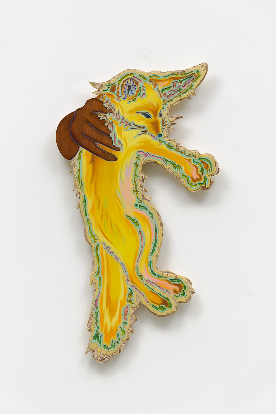 A Fox Not In The Desert, 2022, Ink, silkscreen, woodburning, woodcut and oil paint on birchwood, 77.8x42x3.5cm