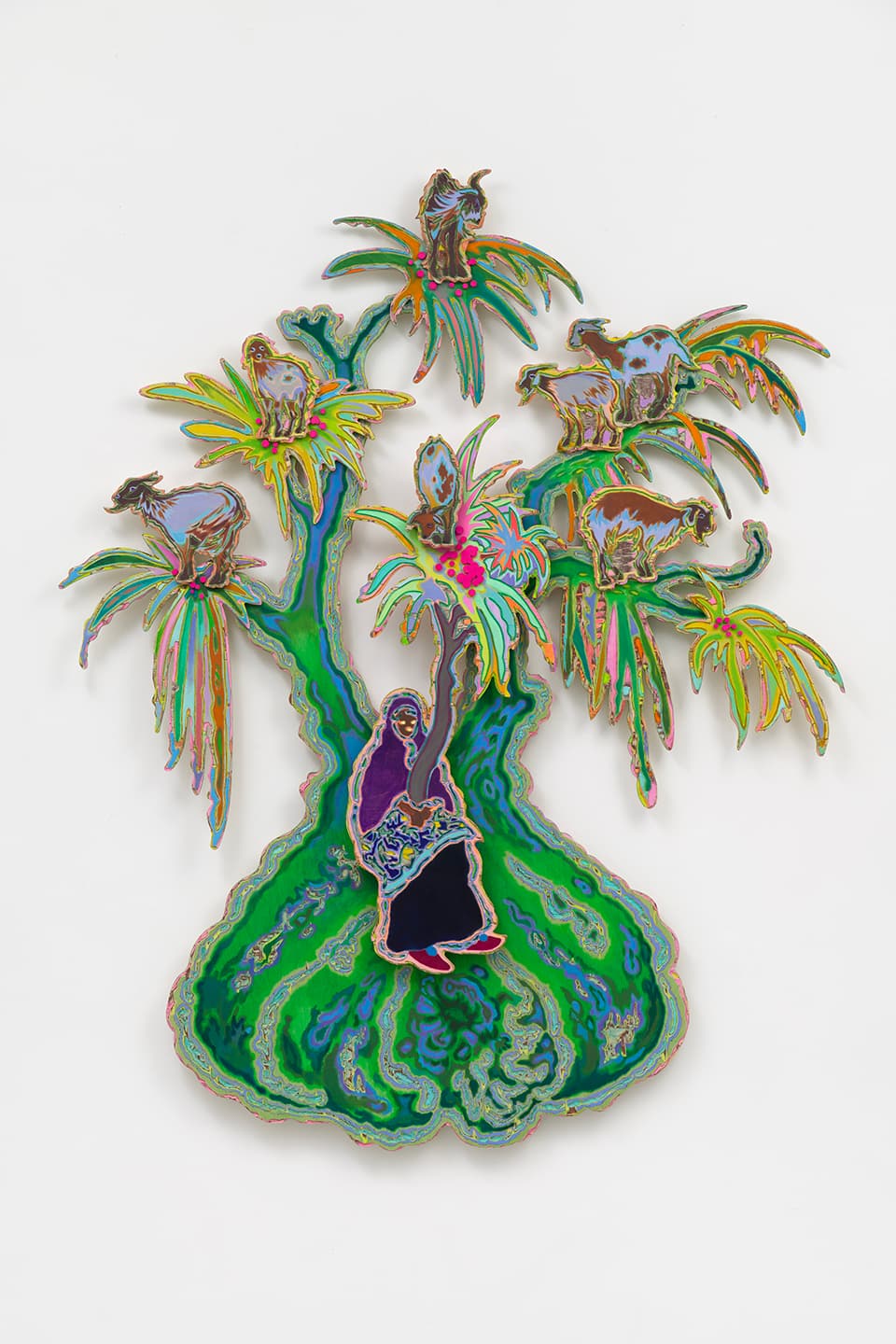 A Traveler's Fantasy, 2022, Ink, silkscreen, woodburning, woodcut and oil paint on birchwood, 146.5x116.7x7.5cm
