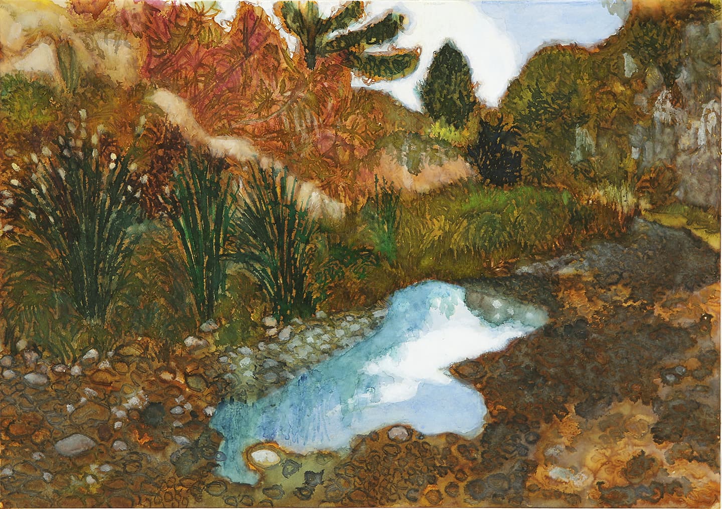 A Puddle Mirroring the Sky, 2017, Ink, watercolor and wine on paper, 20.4x28.9cm