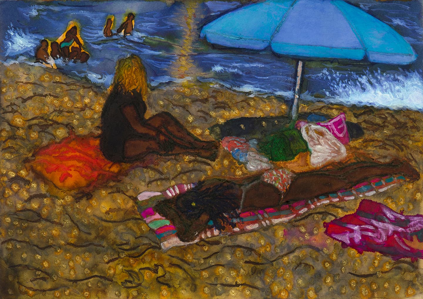 On the Sandy Beach, 2017, Ink, watercolor and wine on paper, 20.4x28.8cm