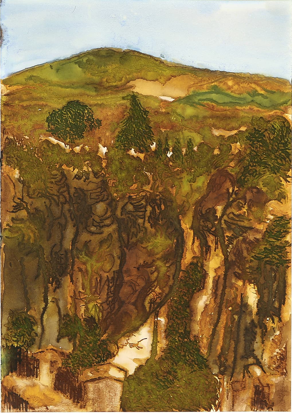 The Cliff in Londa, 2017, Ink, watercolor and wine on paper, 28.9x20.4cm