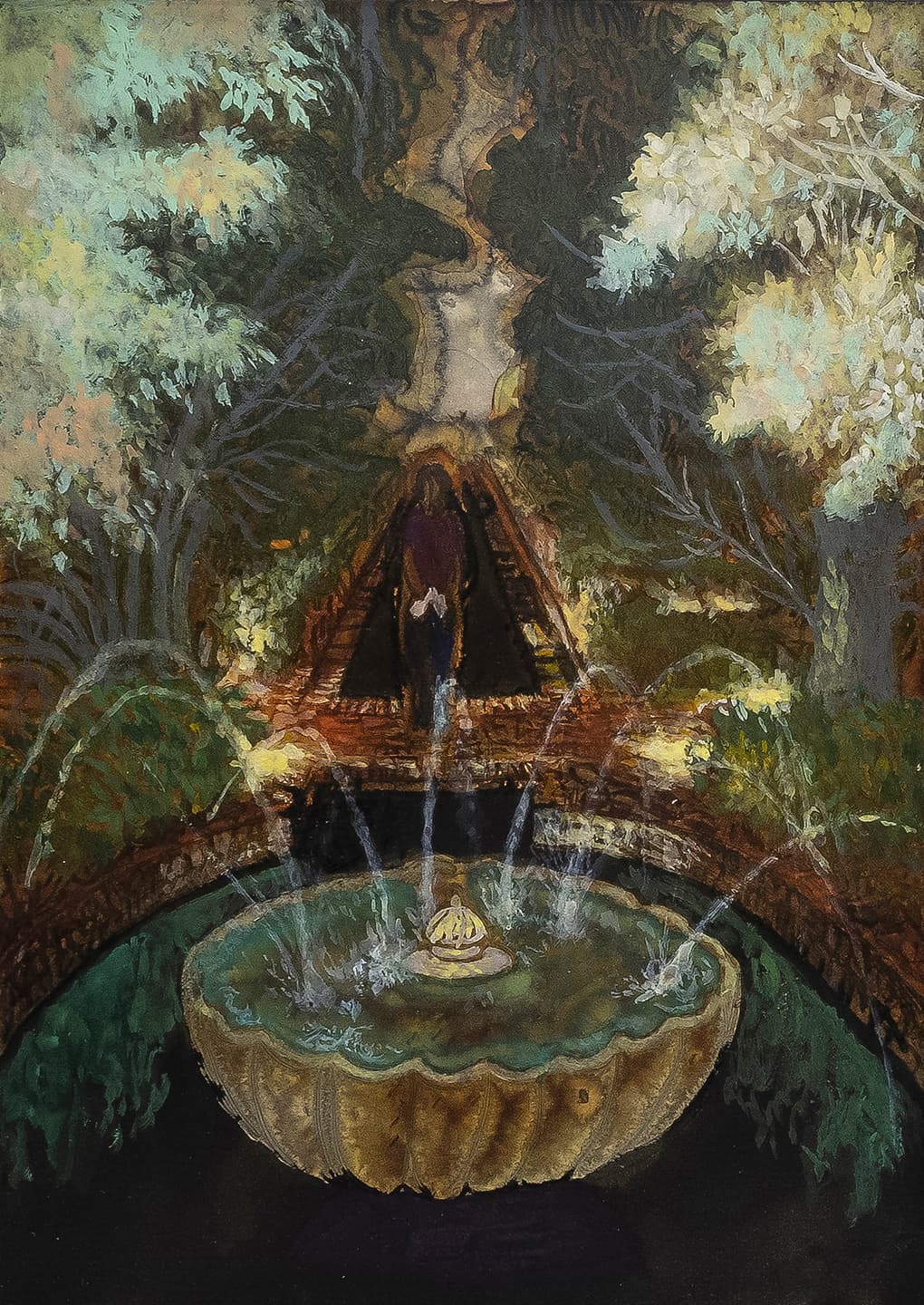 The Night Fountain, 2017, Ink, watercolor and wine on paper, 28.9x20.4cm