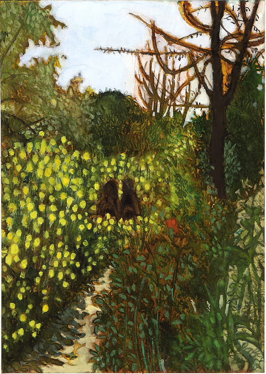 At the Canola Flowerbed, 2017, Ink, watercolor and wine on paper, 28.9x20.4cm