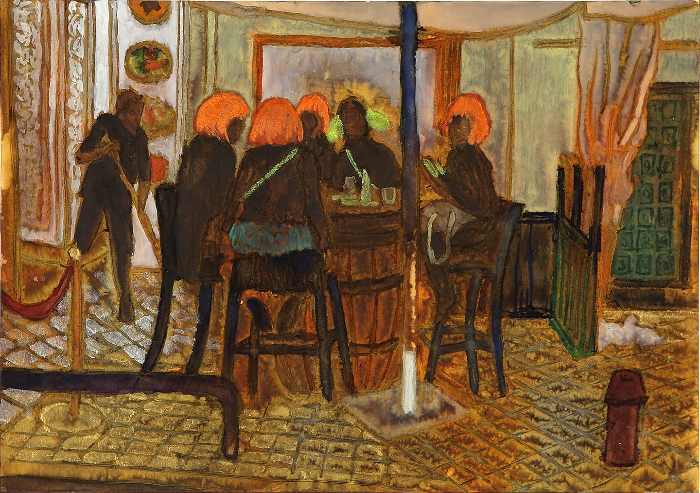 The Girls Wearing Orange Wigs, 2017, Ink, watercolor and wine on paper, 20.4x28.9cm