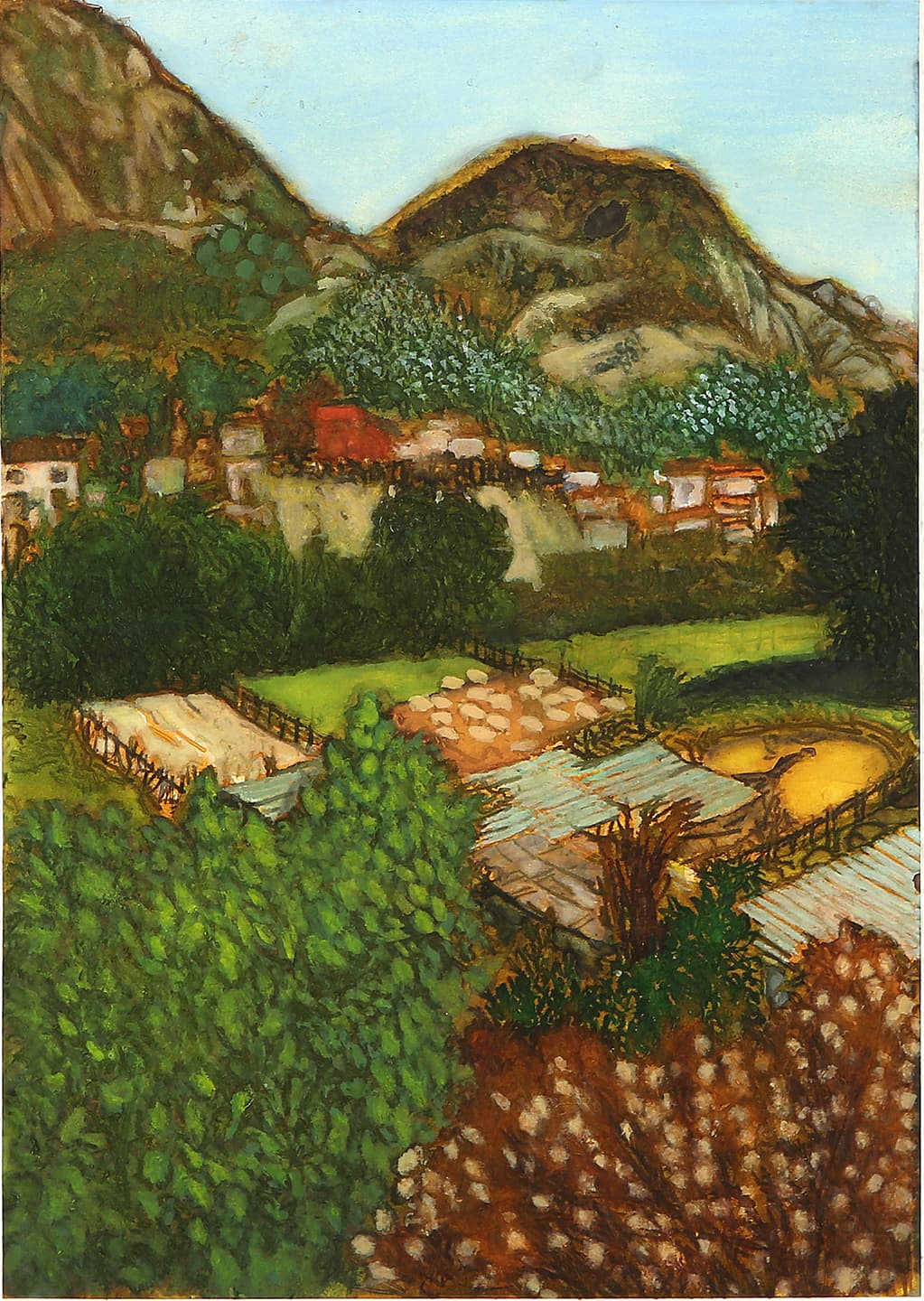 The Farm under the Mountain, 2017, Ink, watercolor and wine on paper, 28.9x20.4cm