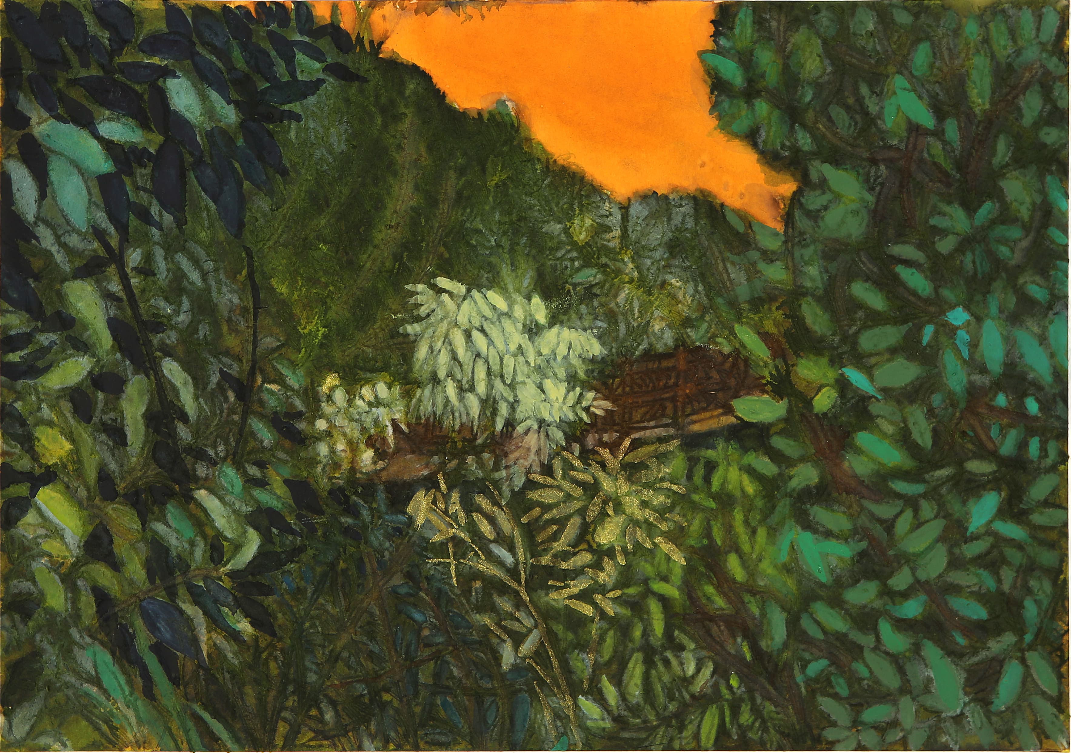 The Sunset and Green Scenery, 2017, Ink, watercolor and wine on paper, 20.4x28.9cm