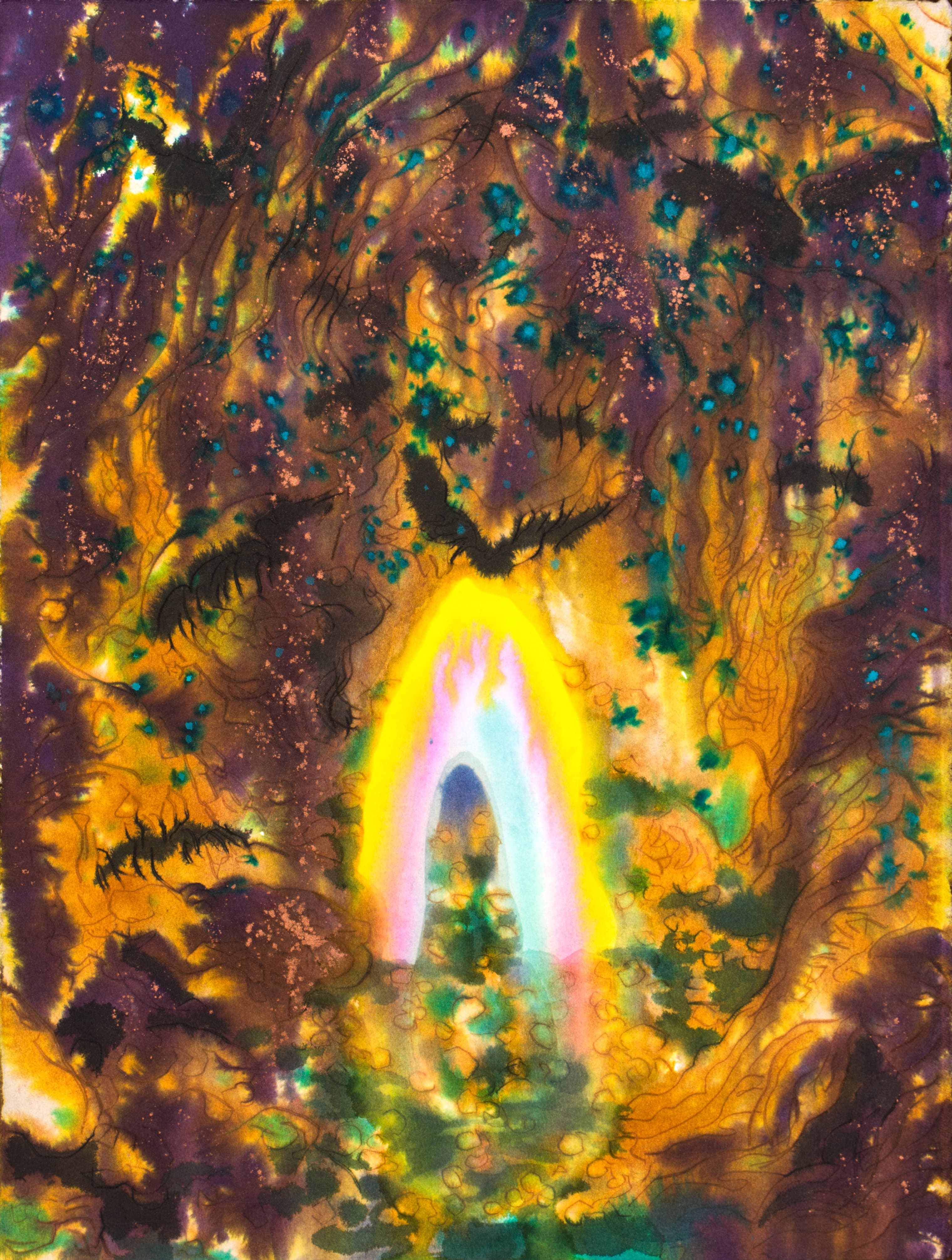 Bats on the rainbow, 2019, Aqua powder, ink, watercolor and wine on paper, 37.9x28.7cm