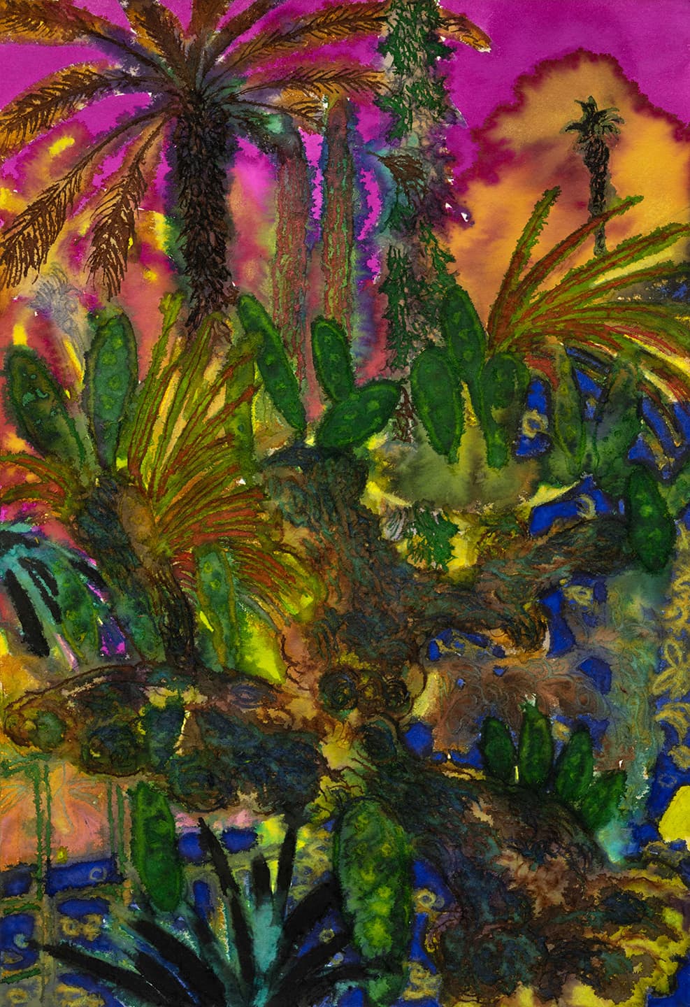 Glow of the Setting Sun, 2019, Highlighter, ink, watercolor and wine on paper, 29.5x20.5cm
