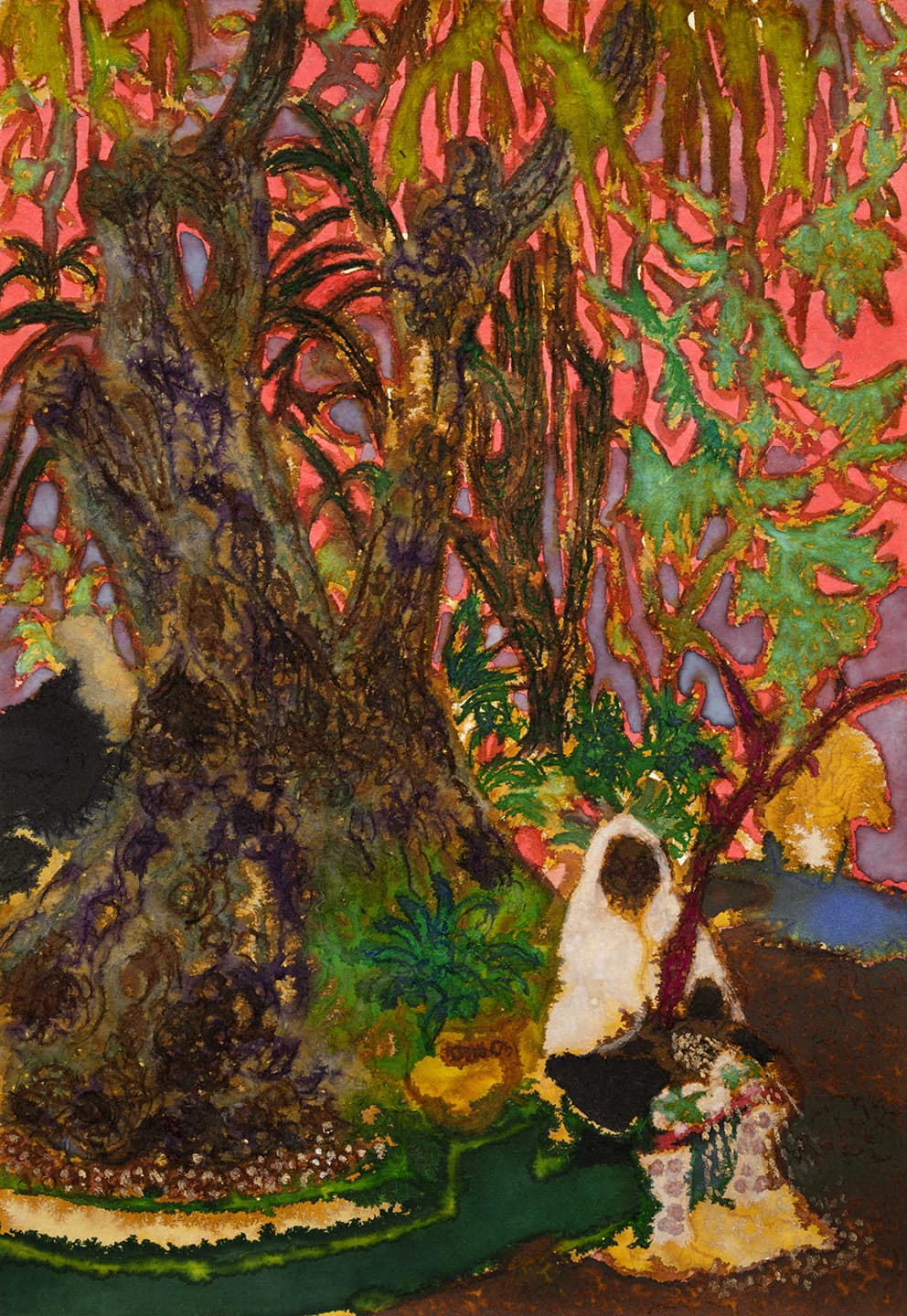 The Lady Received a Tree, 2019, Aqua powder, ink, watercolor and wine on paper, 29.5x20.5cm