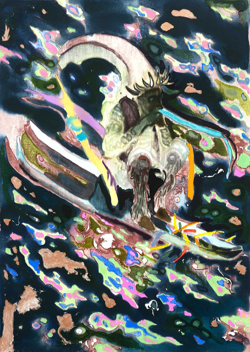 Balloon Blowing, 2020, Aqua powder and silkscreen monotype on Legion Stonehenge 245gsm, 38.5x28.5cm